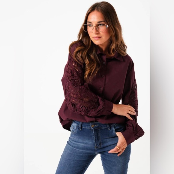 Loft Burgundy Plum Dressy Long Sleeve Lace Blouse Button Down Top Shirt XS - Picture 9 of 10